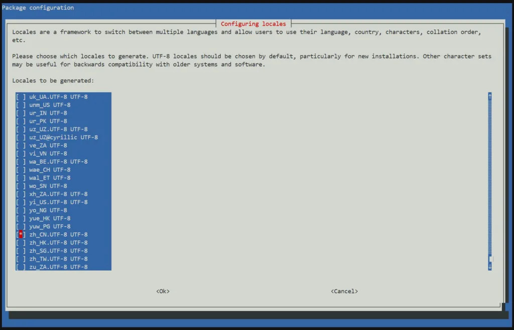 dpkg-reconfigure locales 界面示例