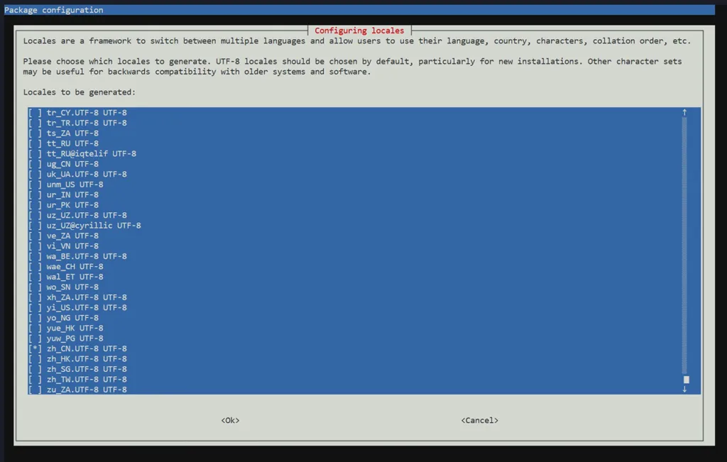 选择简体中文:zh_CN.UTF-8 UTF-8